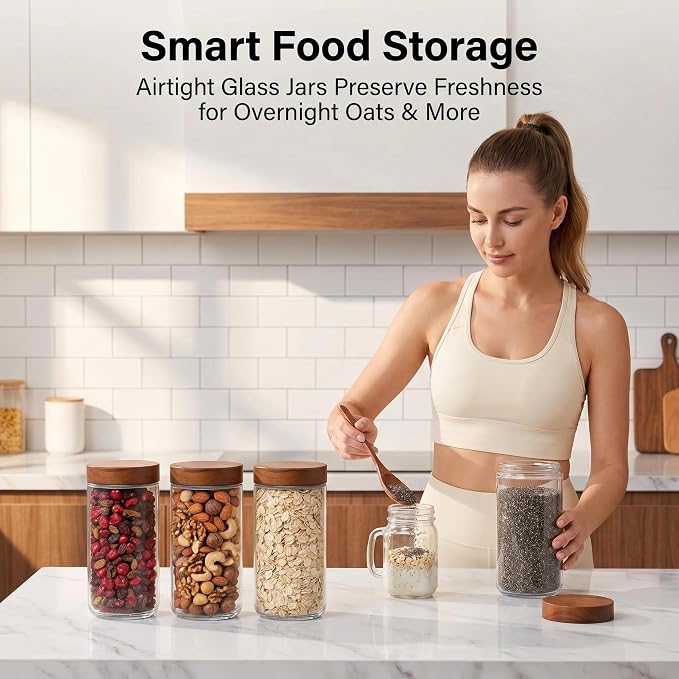 Danmu 24 oz Glass Jars with Lids 4 Pack,Acacia Wood Lid | Airtight Canister for Coffee Bean Storage,Pantry,Home Organization,Leakproof,Dishwasher Safe(remove lids),Fridge Safe