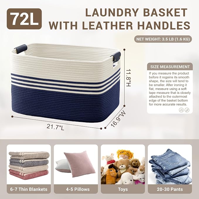 72L Large Woven Laundry Basket Hamper with Leather Handles,Navy | 22"x17"x12", collapsible wicker hamper, storage for dirty clothes, toys, blankets, gifts, living room, bedroom, bathroom