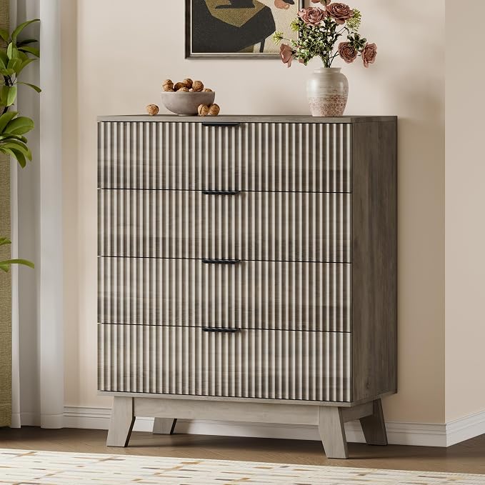 BORNOON 39" Tall Dresser for Bedroom, 4-Drawer Fluted Chest of Drawers, Modern Wood Highboy with Deep Storage, Metal Slides & Handles, Anti-Tip Kit, Vertical Clothes Organizer for Apartment, Nursery