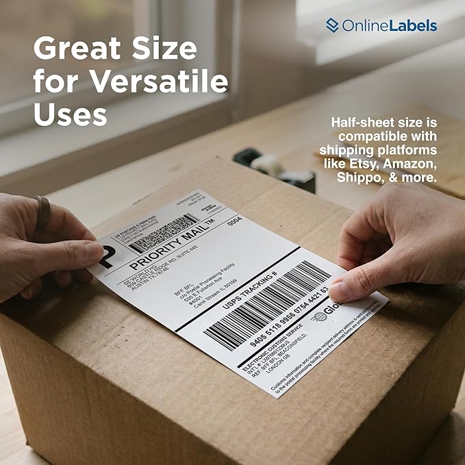 8.5 x 5.5 Half-Sheet Shipping Labels - Permanent, White Matte - for FBA, FedEx, UPS - Pack of 20 Labels, 10 Sheets - Inkjet/Laser Printers - Online Labels