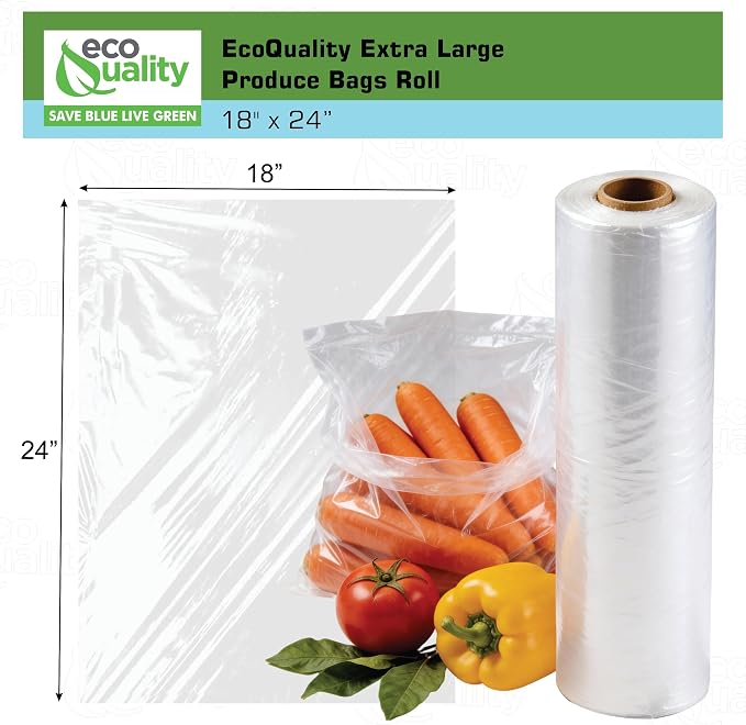 EcoQuality 18" x 24" Plastic Produce Bags on a Roll - 250 Clear Bags/Roll for Vegetables, Fruits, Bread, Pet Waste & Groceries