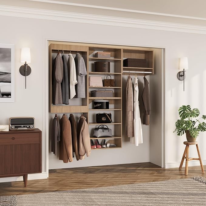 ROOMTEC Modular Closet System, 96" Wall-Mounted Closet Organizer with Hanging Rods, Modern Wooden Tower for Walk-In Closets, Wardrobe Storage Kit, Wood