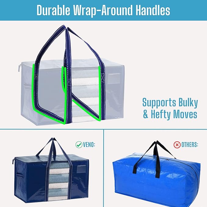 VENO 2 Pack Moving Bags with Clear Window, Heavy Duty Storage Bins with Lid, Around Handles, Tag, Zippers, Extra Large Totes Packing Moving Boxes Supplies for College Dorm Clothes (Blue, 2 Packs)