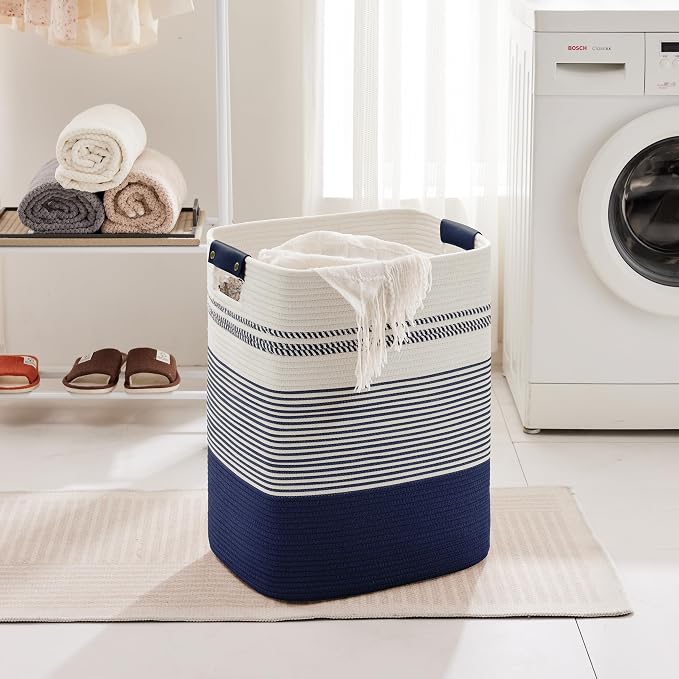 85L Tall Woven Laundry Basket Hamper with Leather Handles,Navy | 17"x14"x22", collapsible wicker hamper, storage for dirty clothes, toys, blankets, gifts, living room, bedroom, bathroom