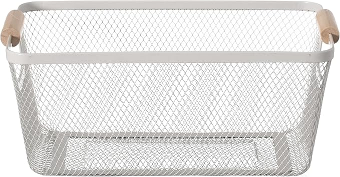 Basicwise Set of 3 Medium Multipurpose Metal Mesh Basket with Wooden Handle Storage Organizers for Kitchen Bathroom Cabinet Closet Countertop Fruit Holder Picnic Food & Beverages Carrier & Home Decor