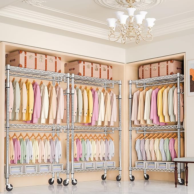 M MZG Heavy Duty Rolling Garment Rack 3 Tiers Adjustable Wire Shelving Clothes Rack with 2 Rods and Side Hooks, Storage Closet Clothing Rack with Wheels Chrome 17.7" D x 47.2" W x 83.6" H