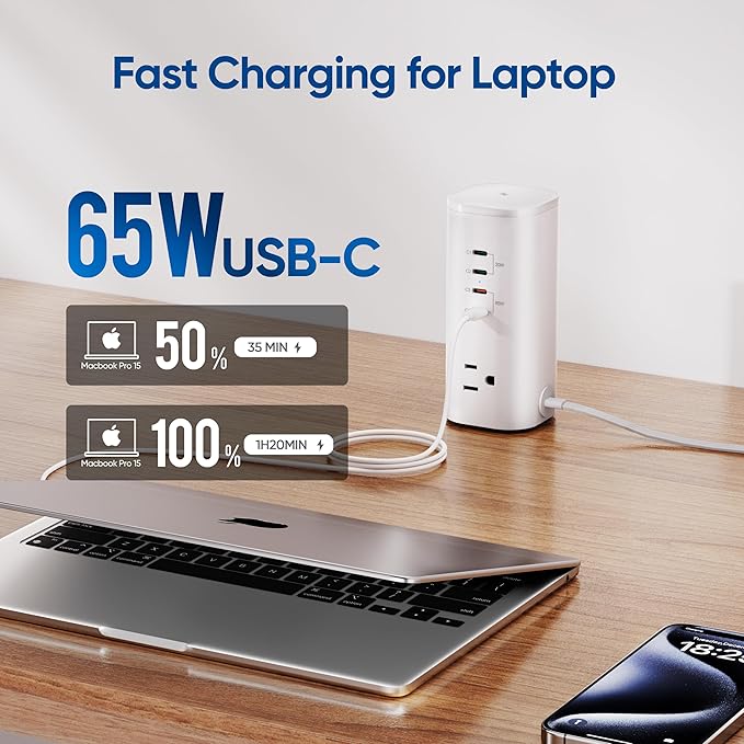 115W Fast Charging Station, TenTrend Power Strip Tower, 5FT Extension Cord | Charging Tower with 3AC Outlets & 8 USB Ports(4 USB-C), Foldable 15W Charging, Dorm, Office Desk Supplies