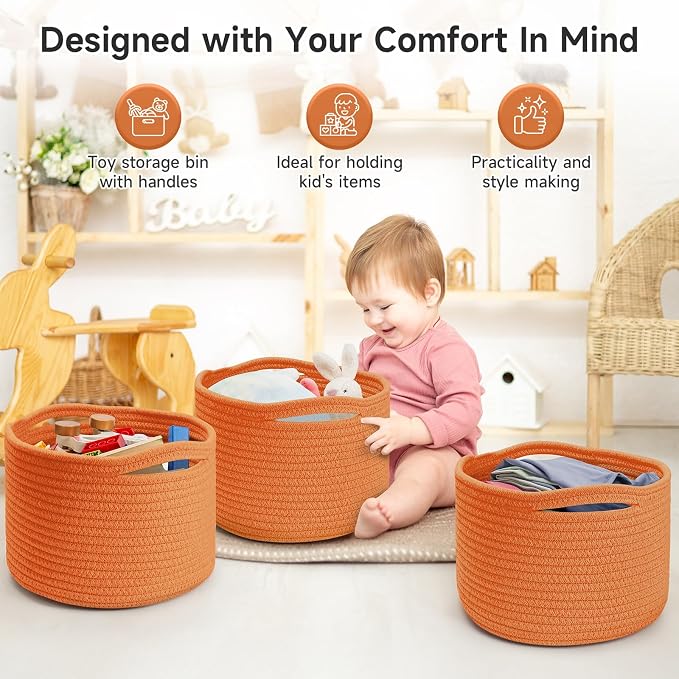Small Rope Baskets for Storage, Baskets for Gifts Empty, Cute Round Woven Basket, Decorative Shelf Baskets 9.82×9.82×7.1", Cotton Toy Basket Storage Bins for Organizer 3 Packs-Orange