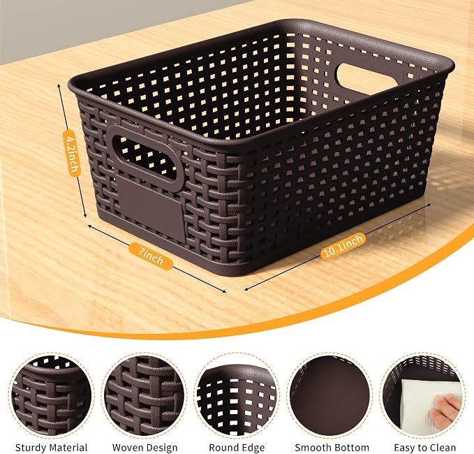 Brown Plastic Storage Baskets - Pack of 8 with Labels Stackable Durable Storage Bins, Storage Containers for Organizing Desktops, Closets, Playrooms, Classrooms, Offices