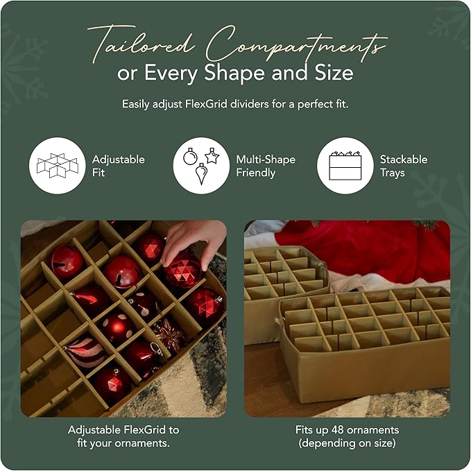 Covermates Keepsakes Adjustable Ornament Storage Bag – Heavy-Duty Polyester, Padded Dividers & FlexGrid Trays – Protective Holiday Ornament Organizer with Handles & Label Window, Red Snowflake