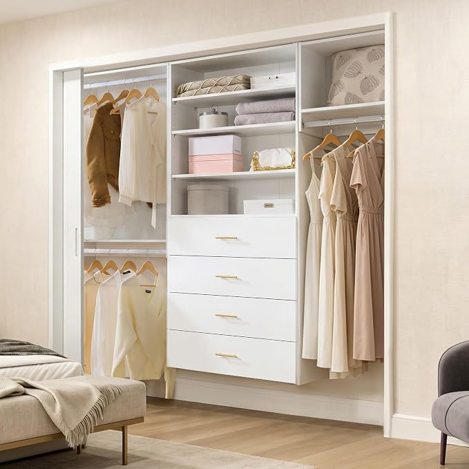 25.5" Four-Tier Closet Shelf Module, White MDF Closet Organizer System with Adjustable Shelves, Wall-Mounted Storage Tower for Shoes, Bags, Hats, Clothes, Bedroom, Walk-In Closet Unit