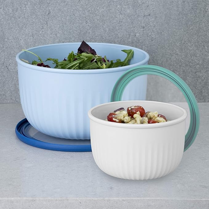 Oggi Prep, Store & Serve Plastic Bowl w/See-Thru Lid- Dishwasher, Microwave & Freezer Safe, (4 qt) Blue w/Dk Blue Lid