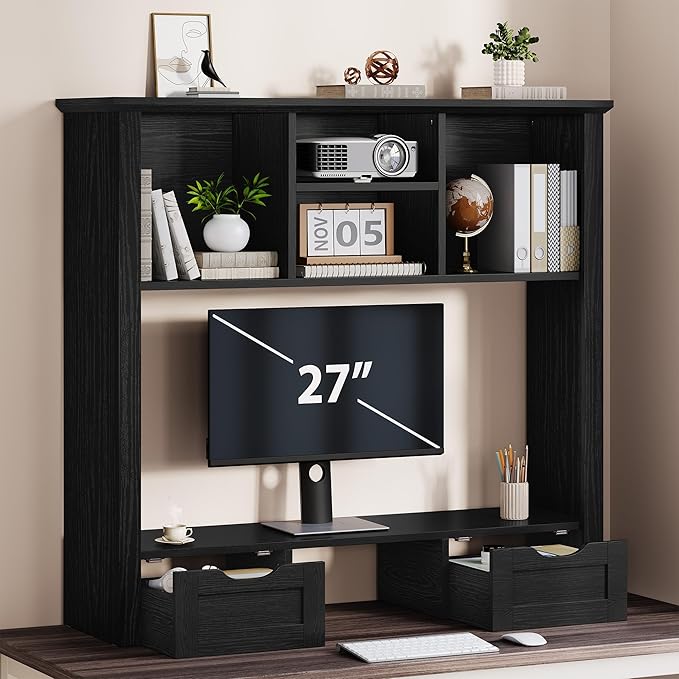 Desk Shelf with Computer Monitor Stand, 37.4''W Desktop Bookshelf Display Rack, Desktop Organizer Storage Rack with Cubbies & Drawers, 5-Tier Hutch for Home, Office, Dorm, Vanity, Black