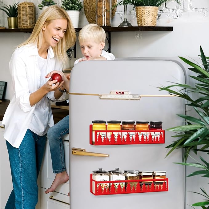 JarThenaAMCS 2Pcs Christmas Magnetic Spice Rack for Refrigerator Red Xmas Tree Metal Basket Shelf Seasoning Storage Organizer Holder for Home Kitchen Fridge Decor Accessories
