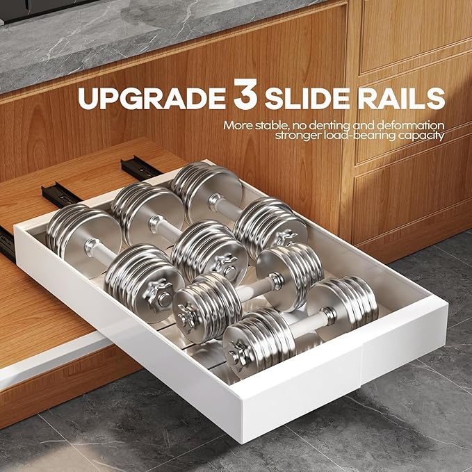 Seinloes 2 Pack Expandable (9"-14") Pull Out Cabinet Organizer 21" Deep With Raising Pad for Framed Cabinets,Upgrade 3 Slide Rails Slide Out Drawers,No Drill Roll Out Shelves Adhesive,White