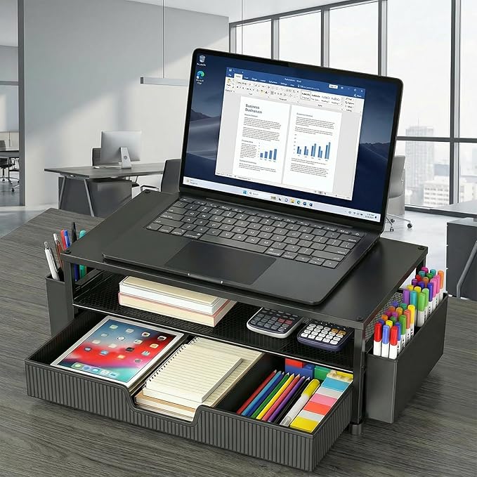 ECOLOVI Desk Organizer and Accessories, 2-Tier Computer Monitor Stand Rise with Storage Drawer & 2 Pen Holders, Laptop & Printer Stand for Desktop, Workspace Organizers for Office Supplies (Black 2-Pack))