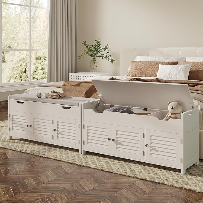 ChooChoo Shoe Storage Bench with Lift Top Storage & Cushioned Seats | 41.3" Entryway Bench with 3 Compartments & Adjustable Shelf, for Entryway, White