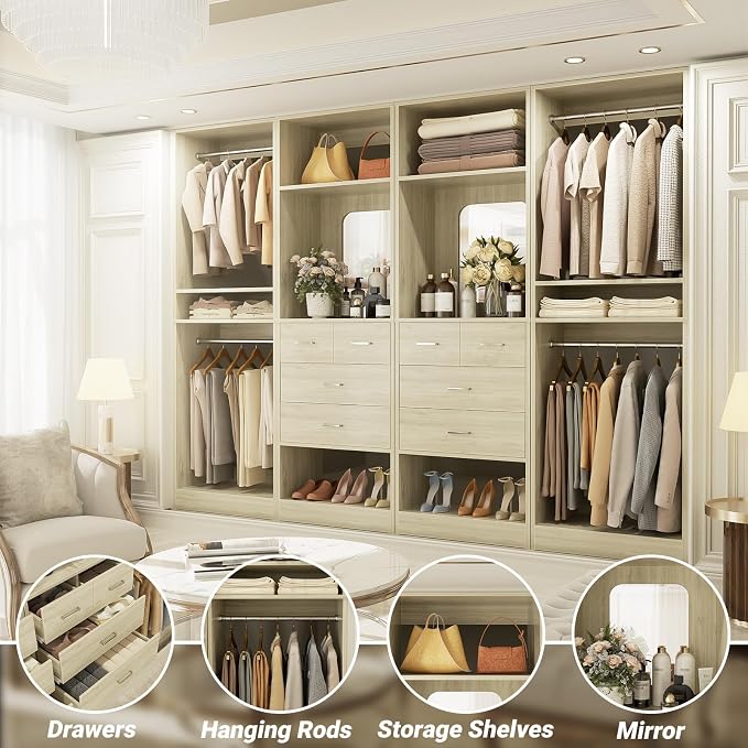 Unikito 100" Closet System with Drawers, 8.3FT Wood Closet Organizer with Hanging Rods, Mirror and Shelves, Large Walk-In Closet Organization Towers, White Oak