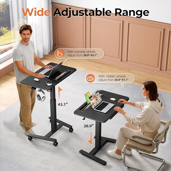 32" Mobile Desk with Drawer, Rolling Standing Desk on Wheels | Height Adjustable Desk with Cup Holder and Hooks, Portable Laptop Cart with Storage for Home Office, Black