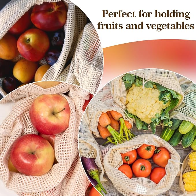 MAQIHAN Reusable Cotton Mesh Produce Bags - 6 Pack Mesh Storage Produce Bag | Durable Double Stitched Bags with Drawstring for Vegetables, Fruit and Grocery Shopping, 2L, 2M and 2S