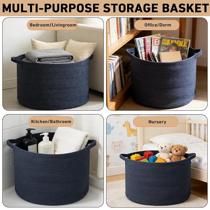 115L Extra Large Navy Blue Woven Cotton Rope Basket with Handles, Kids Nursery Laundry Hamper for Toys, Blankets, Pillows & Comforters, Storage Bin for Bedroom & Playroom