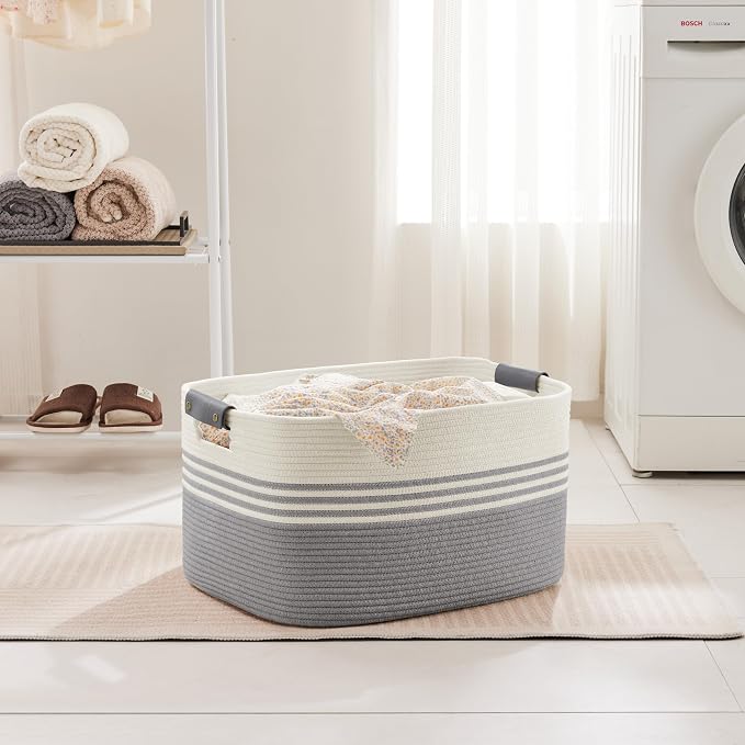 72L Large Woven Laundry Basket Hamper with Leather Handles,Grey | 22"x17"x12", collapsible wicker hamper, storage for dirty clothes, toys, blankets, gifts, living room, bedroom, bathroom