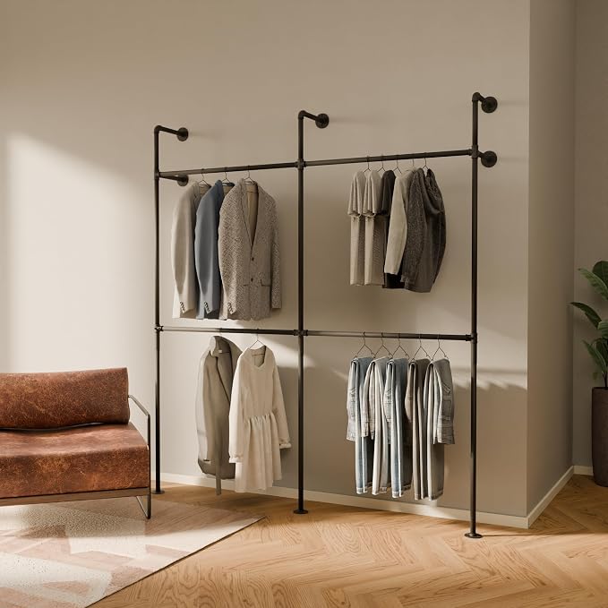 pamo Industrial Clothing Rack Wall Mounted Black – 79" W × 87" H, 660 lbs | Metal Pipe Style Wall Mounted Wardrobe - Heavy Duty Open Dressing Room - Bedroom, Entryway or Shop