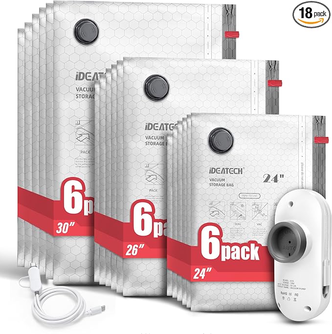 IDEATECH 18Pack Travel Vacuum Storage Bags with USB Pump, Carry-On Size Vacuum Seal Bags for Clothing & Luggage, Heavy Duty Reusable Space Saver Compression Bags for Suitcase Packing