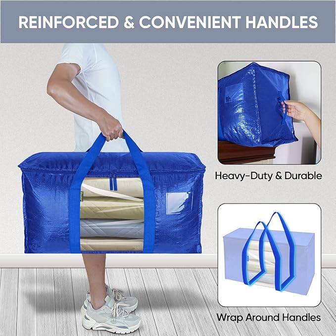BALEINE 6-Pack Oversized Moving Bags with Reinforced Handles, Heavy-Duty Storage Tote Moving Supplies for Packaging, Camping (Blue w/Window, 6-Pack)