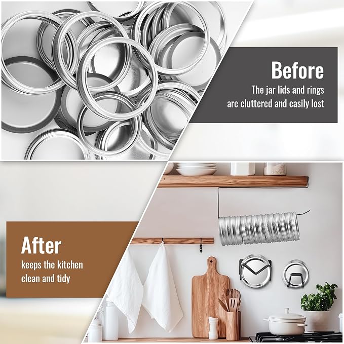 Dreyoo 4 Pcs Mason Jar Lid Organizer, Canning Jar Lids & Rings Holder | Holds Up to 38 Lids and 34 Rings, Come With Adhesive-Backed,Easy to Slide-On Cabinet, Stainless Steel and Iron (Black)
