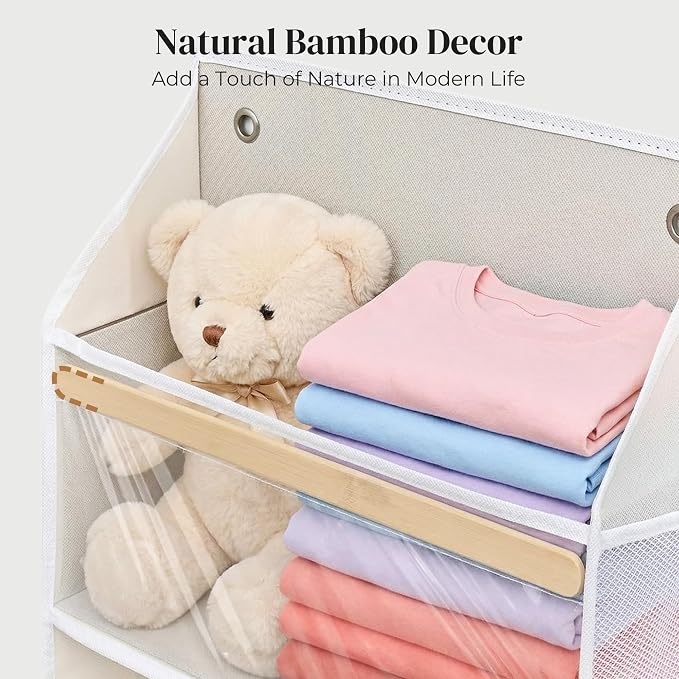 5 Tiers Natural Bamboo Over Door Organizer with 10 Mesh Side Pockets, 50 lbs Weight Capacity Hanging Storage Organizer with Clear Window Kids Toys, Shoes, Diapers, Warm Beige,2 Pack