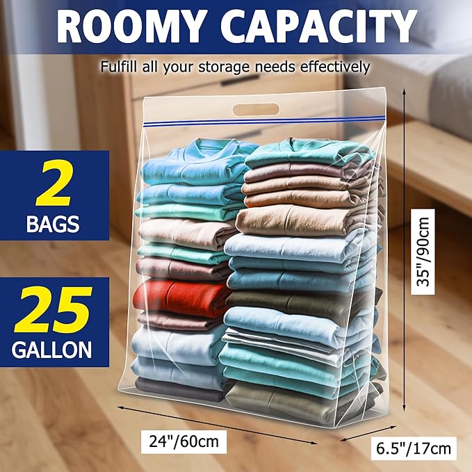 Jumbo Heavy Duty Plastic Storage Extra Large Bags, 25 Gallon 3.5 Mil Thick Clear Zipper Bags with Handles for Home, Travel and Moving 35" x 24", 2 packs