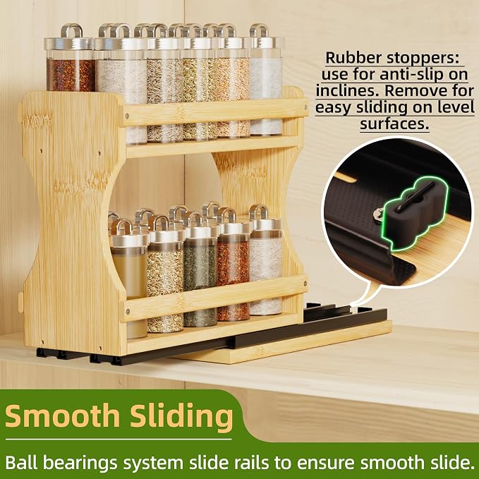 BAMEOS Pull Out Spice Rack Organizer for Cabinet, Bamboo Wide 4.2" Slide Out Seasoning Organizer for Kitchen, No Drill Anti-Tip Ball Bearing Silent Glides, Pantry Cabinet Organizer,Natural