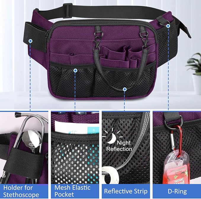 SITHON Nurse Fanny Pack with Tape Holder, Multi Compartment Medical Gear Pocket Nursing Organizer Belt Bag, Apron Hip Bag Utility Waist Pack for Stethoscopes Bandage Scissors Medical Supplies (Purple)