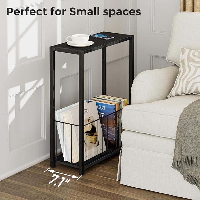 Homleke Narrow Side Table with Magazine Holder, Skinny End Table | Space-Saving Design, Small Spaces, Storage Shelf, Metal Frame, Easy Assembly, 7.1" D x 16.9" W x 23.6" H, Black