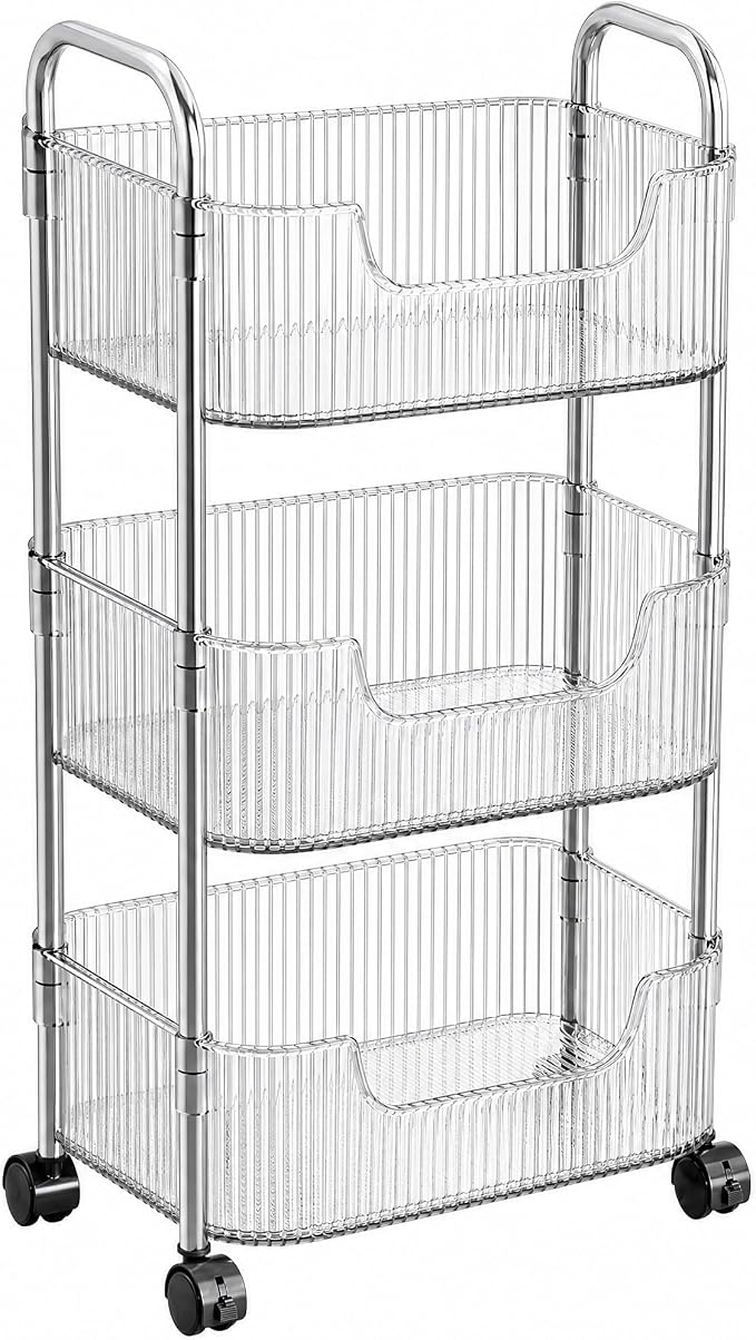 3 Tier Rolling Cart with Wheels, Clear Plastic Storage Cart with Stainless Steel Frame, Slim Narrow Organizer for Bathroom, Kitchen, Laundry Room, Vanity, Dorm, Easy Assembly