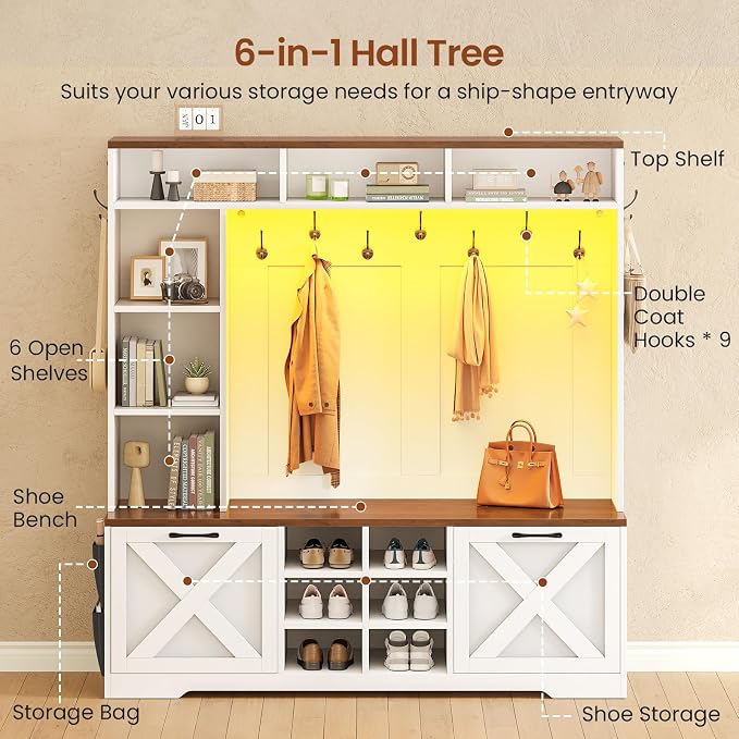 Itaar Hall Tree with Bench and Shoe Storage, 59.1" Farmhouse Entryway Bench with Coat Rack, Shoe Cabinet with Flip Drawers, 12 Shelves, 9 Coat Hooks, Storage Bag, Led Lights, White