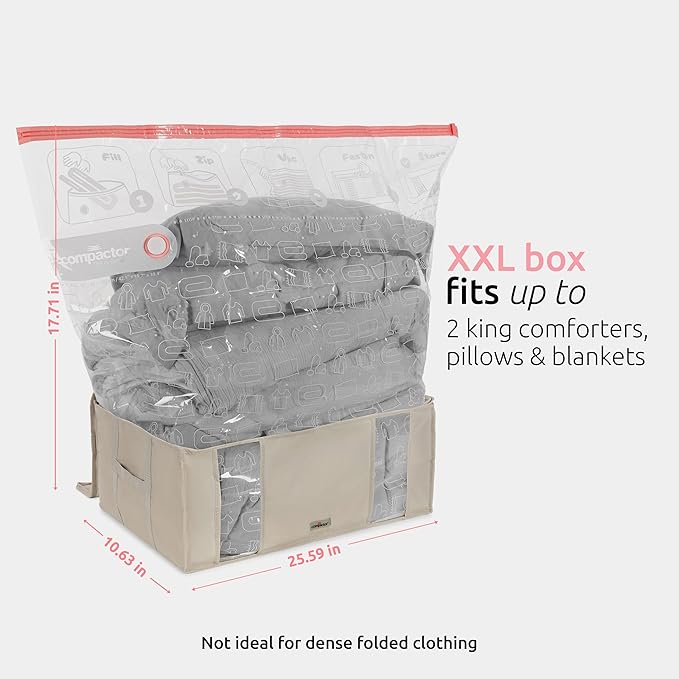 Compactor Vacuum Storage Bag with Semi-Rigid Structured Box, Polypropylene & Nylon Vacuum Storage Bags, Vacuum Seal Bags for Clothing and Bedding, Closet Organizer (Beige, XX-Large)