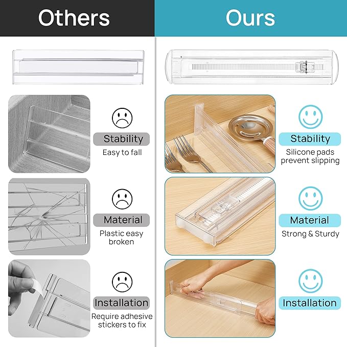 Vtopmart 4 Pack Shallow Drawer Dividers, 2.36" High 12.5"-20.8" Adjustable Expandable Kitchen Drawer Organizer, Clear Plastic Organizer Separators for Flatware, Utensil, Cutlery, Underwear, Clothes