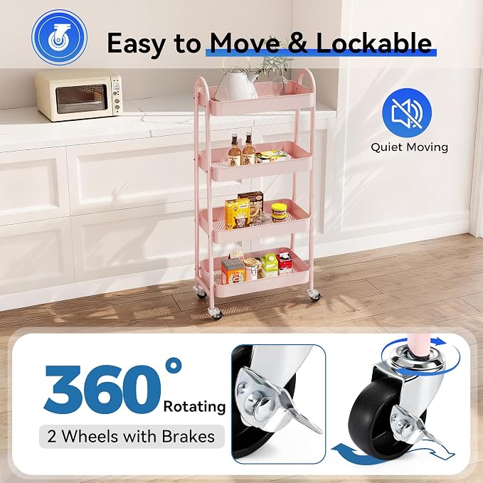 NEWBULIG 4-Tier Metal Rolling Cart with Lockable Wheels, Heavy Duty Mobile Utility Storage Shelf, Roller Book Snack Cart, Organization for Livingroom, Bathroom, Office, Pink