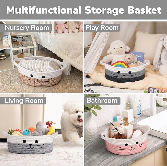 Cute Cat Toy Basket, Gift Baskets Empty for Home Decor, Baby Basket for Baby Shower, Small Cotton Rope Baskets for Pets Toys, White & Grey, 9.8 x 4 inches