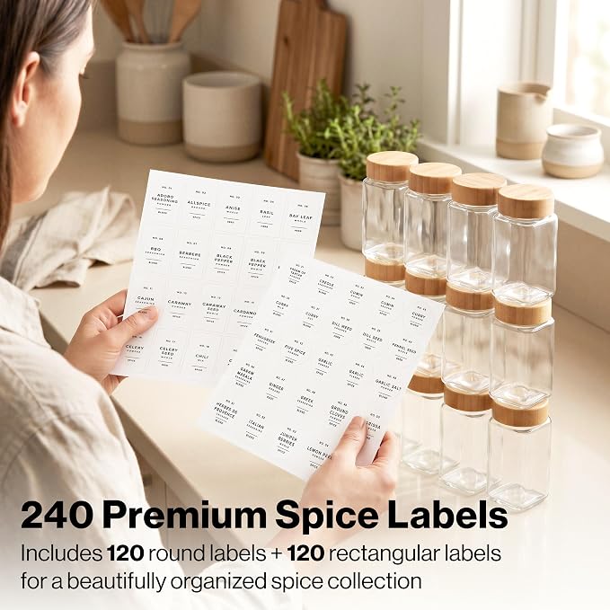 Minimalist Spice Jar Labels Self-Adhesive - 240 Stickers for Spice Jars, Spice Jars & Drawers, Round & Rectangular, Waterproof Spice Organiser Labels for Kitchen Organisation (White)
