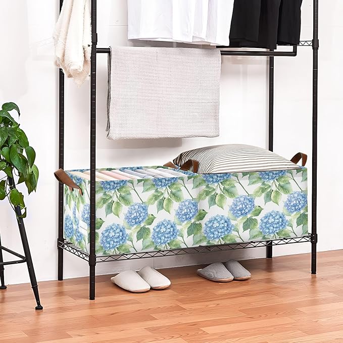 Watercolor Blue Hydrangea Flowers Storage Bins for Shelves with Labels&Handles Fabric Organizer Bin Foldable Rectangle Storage Basket Boxes for Closet, Bathroom, Home, Living Room, 2 Pack