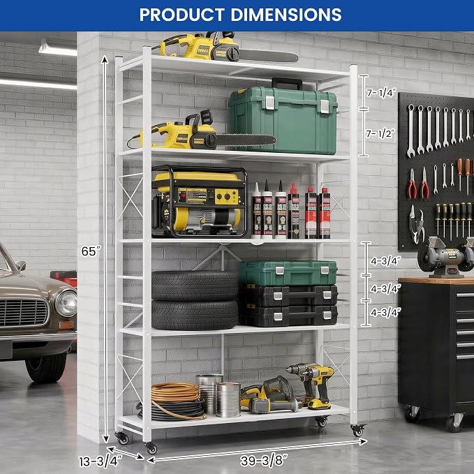 ALANNG 40" W Foldable 5-Tier Storage Shelves on Wheels Adjustable | Removable Metal Rack, Heavy Duty Rolling Organizer for Kitchen, Garage, Closet, Pantry, and Office (White,1 Pack)