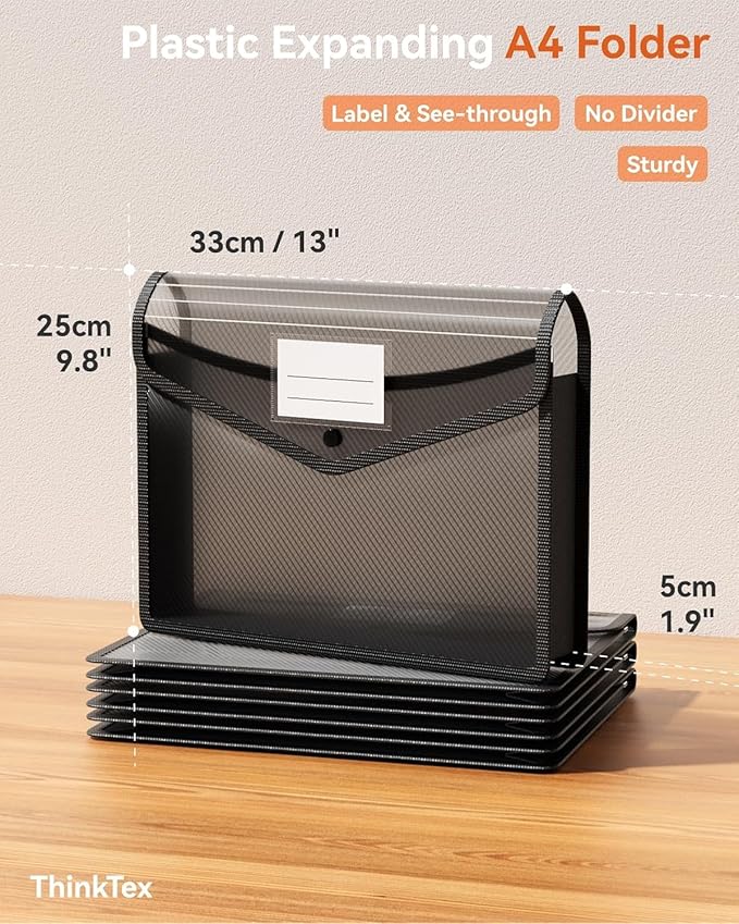 ThinkTex Plastic Expanding File Folder, Transparent envelopes with Snap | No Dividers,Large Capacity,Document Organizer for Receipts, Bills&Taxes,Letter/A4 Size for School/Office/Home-20 Pack