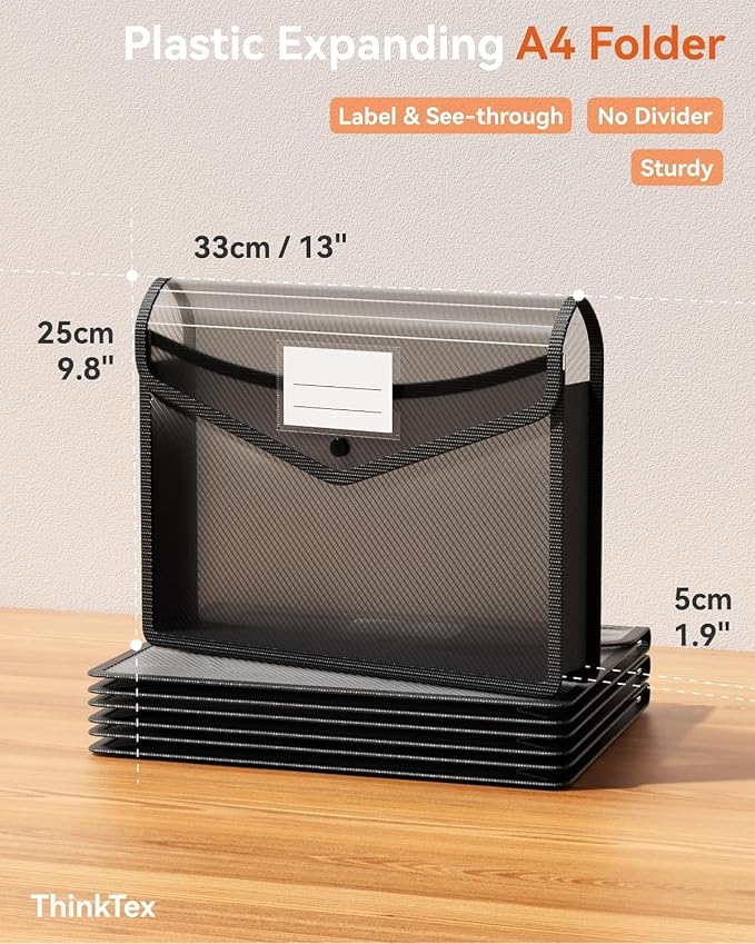 ThinkTex Plastic Expanding File Folder, Transparent envelopes with Snap | No Dividers,Large Capacity,Document Organizer for Receipts, Bills&Taxes,Letter/A4 Size for School/Office/Home-10 Pack