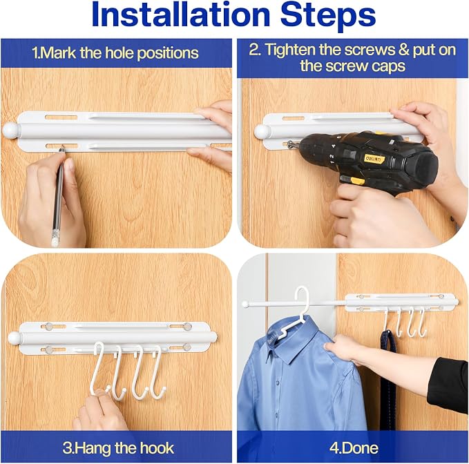 SUTINE 12 inch Valet Rod for Closet Pull Out, Heavy Duty Closet Valet Rods Slide Out, Adjustable Pull Out Closet Rods for Hanging Clothes with 4 Hooks Closet Organizers and Storage (White)