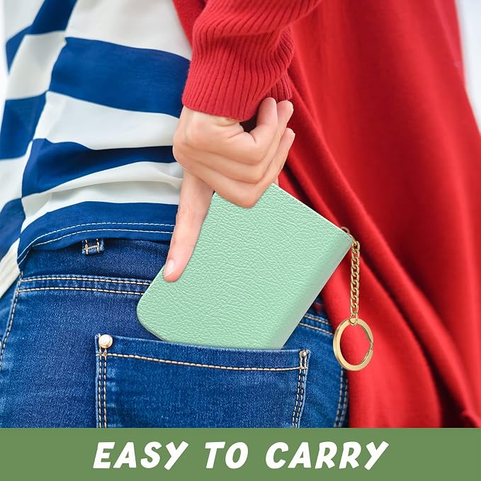 Aiawoxc Credit Card Holder for Women, Small RFID Wallet Slim Leather Business Card Organizer Case with Zipper and Keychain, Green