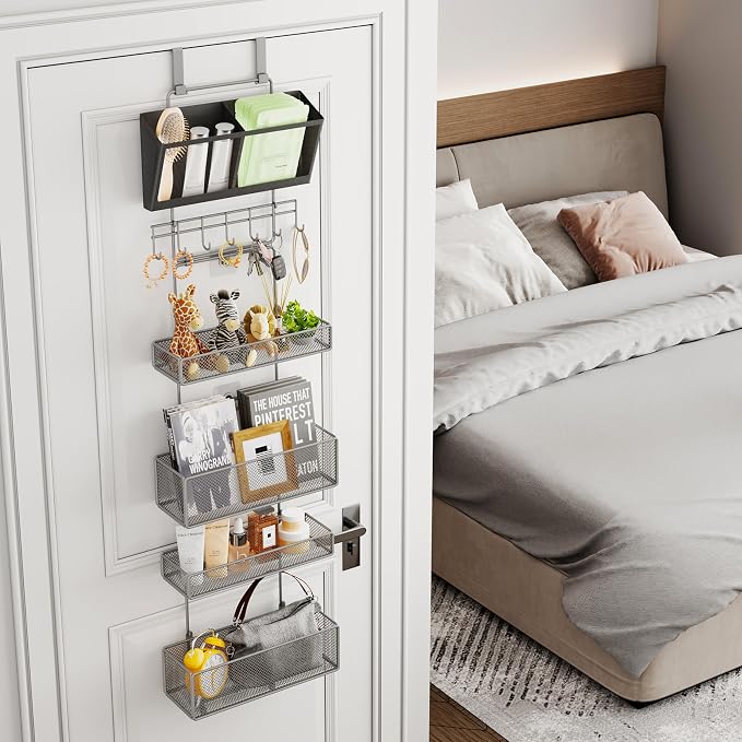 HapiRm Over Door Organizer Hanging - 6 Tier Over The Door Storage with Visual Pockets & Hooks, with 4 Metal Large Capacity Baskets for Bathroom Bedroom Kitchen Pantry Cabinet(Grey)