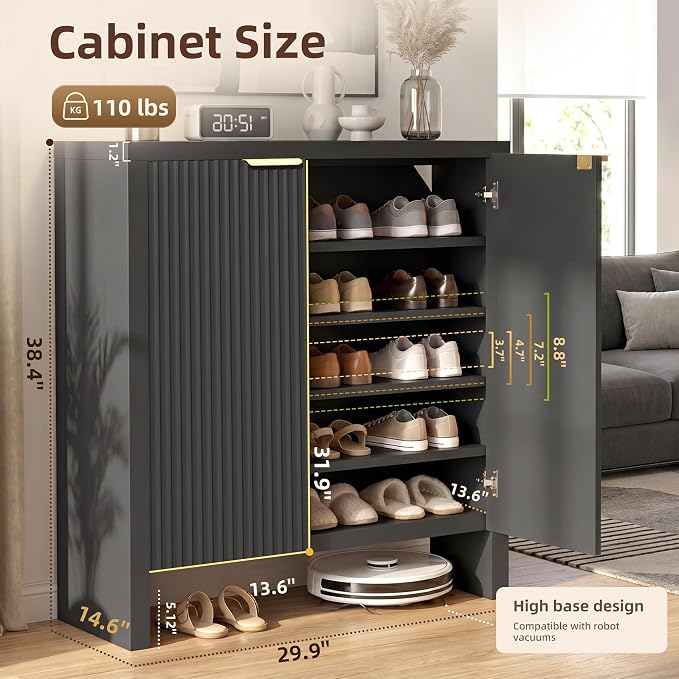 Shoe Cabinet, 5-Tier and 3 doors Shoe Storage Cabinets with Fluted Doors and Adjustable Shelves, Thickened Wood Freestanding for Entryway, Hallway, Closet, Organizer Rack, Natural Oak JBSC002BK